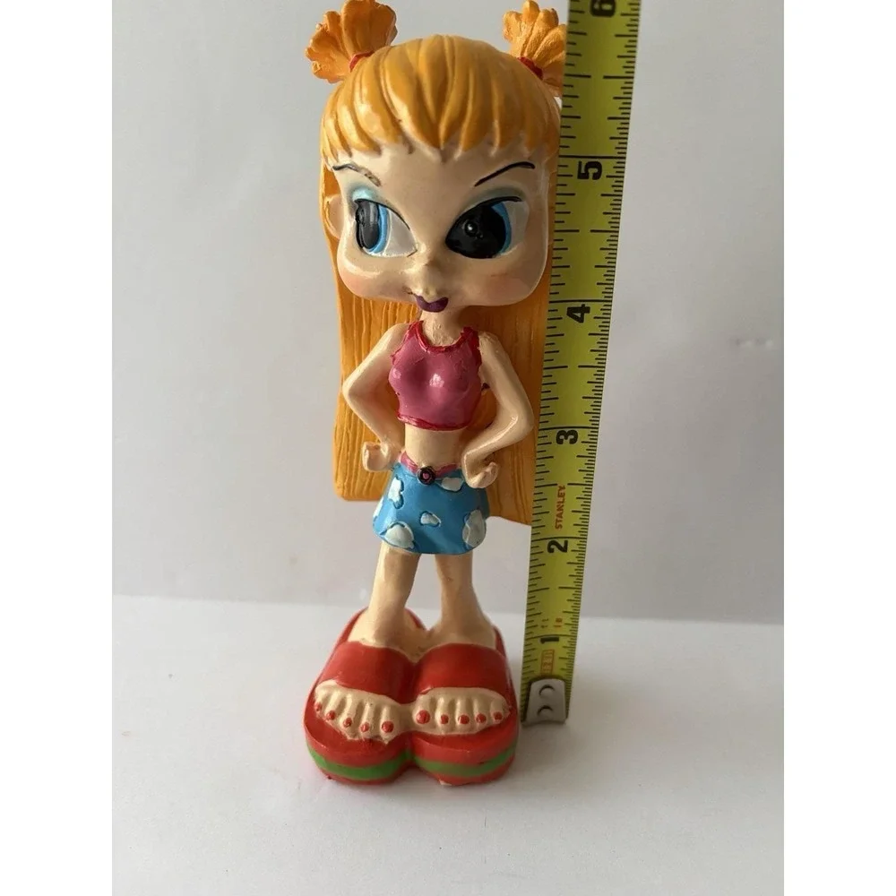 Resin Figurine Sassy Girl Big Eyes Pigtails Pink Top Blue Shorts Flip Flops 6in